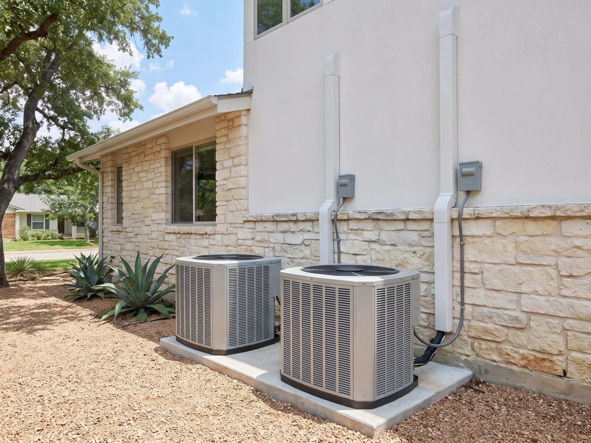 Two new outdoor AC condensers on a concrete pad beside a limestone home