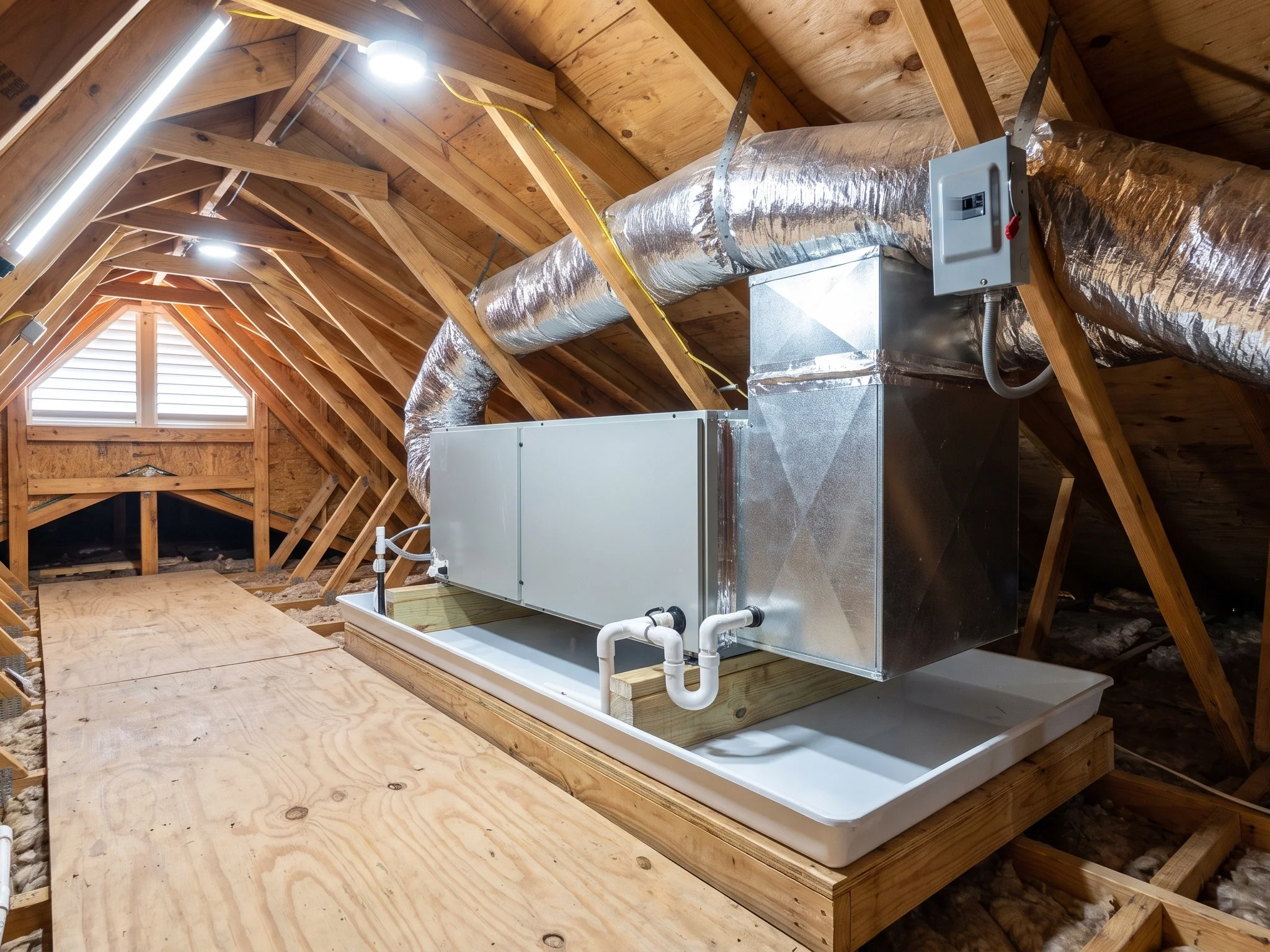 A new air handler set in a drain pan on an attic platform, with new insulated ducts