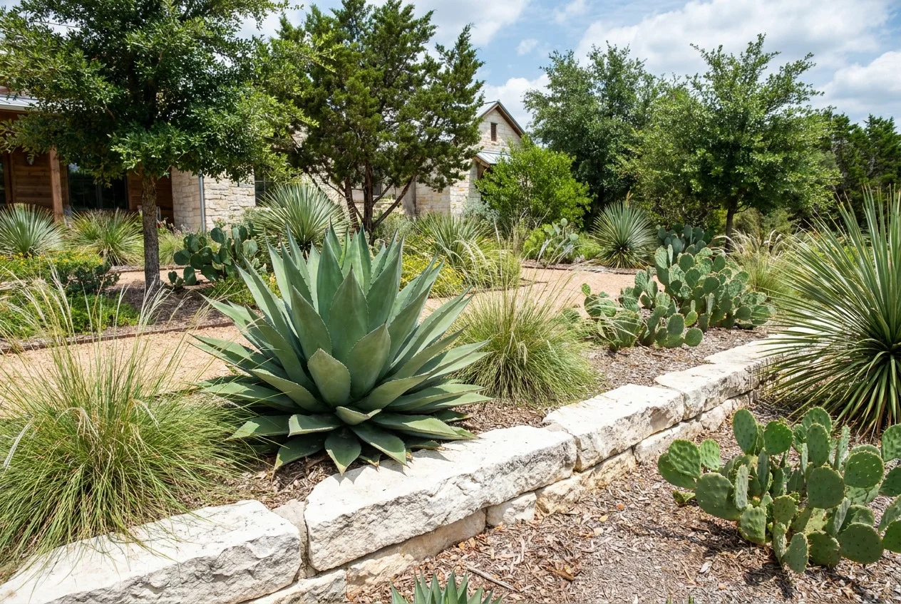 Agave and native grasses behind a limestone wall at an Austin home