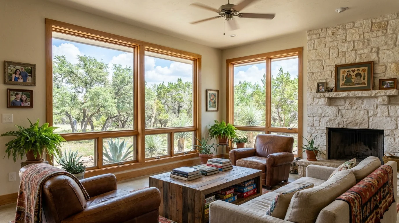 A cool living room with big windows onto live oaks