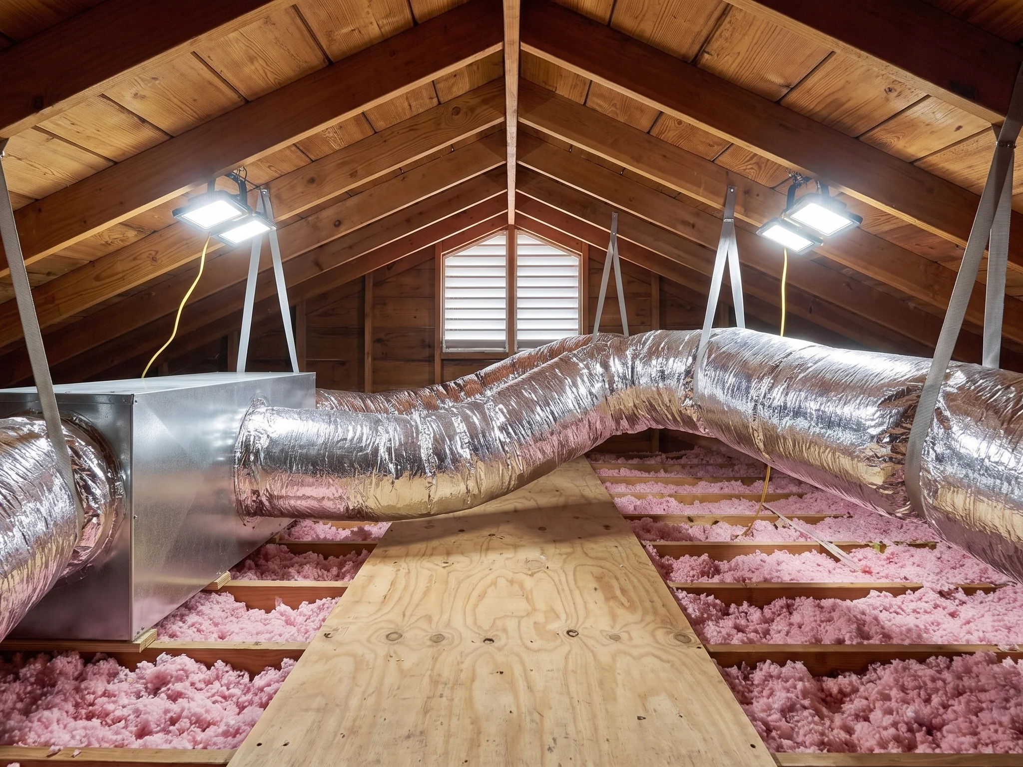New insulated flex ducts strapped to the rafters of an attic
