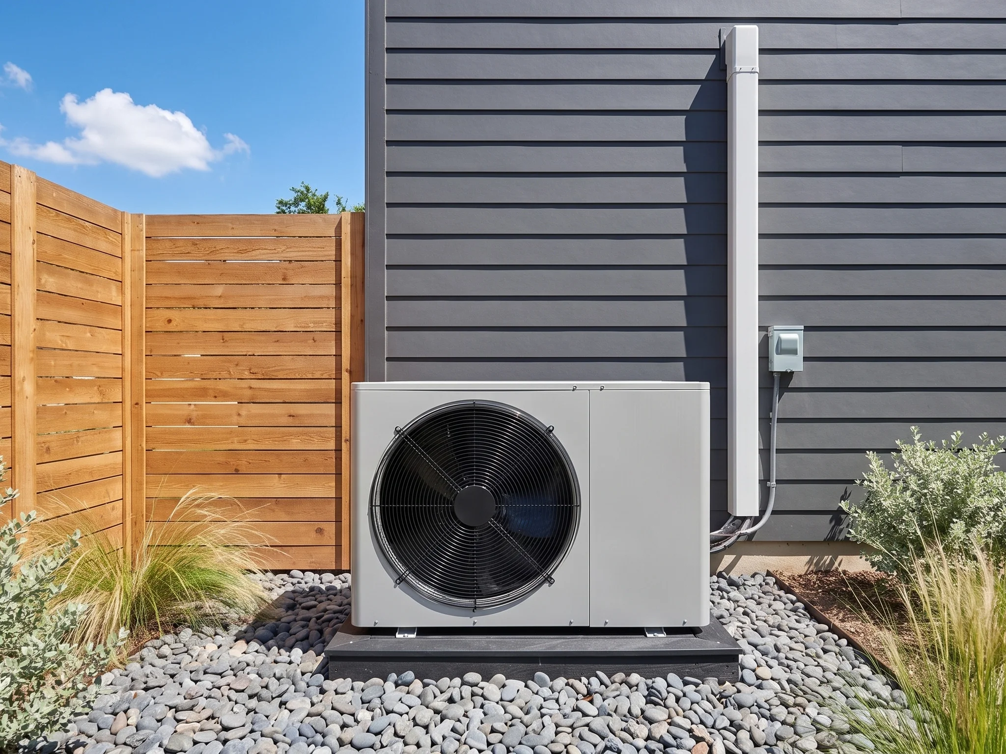 A new side-discharge heat pump outdoor unit beside charcoal siding and a cedar fence