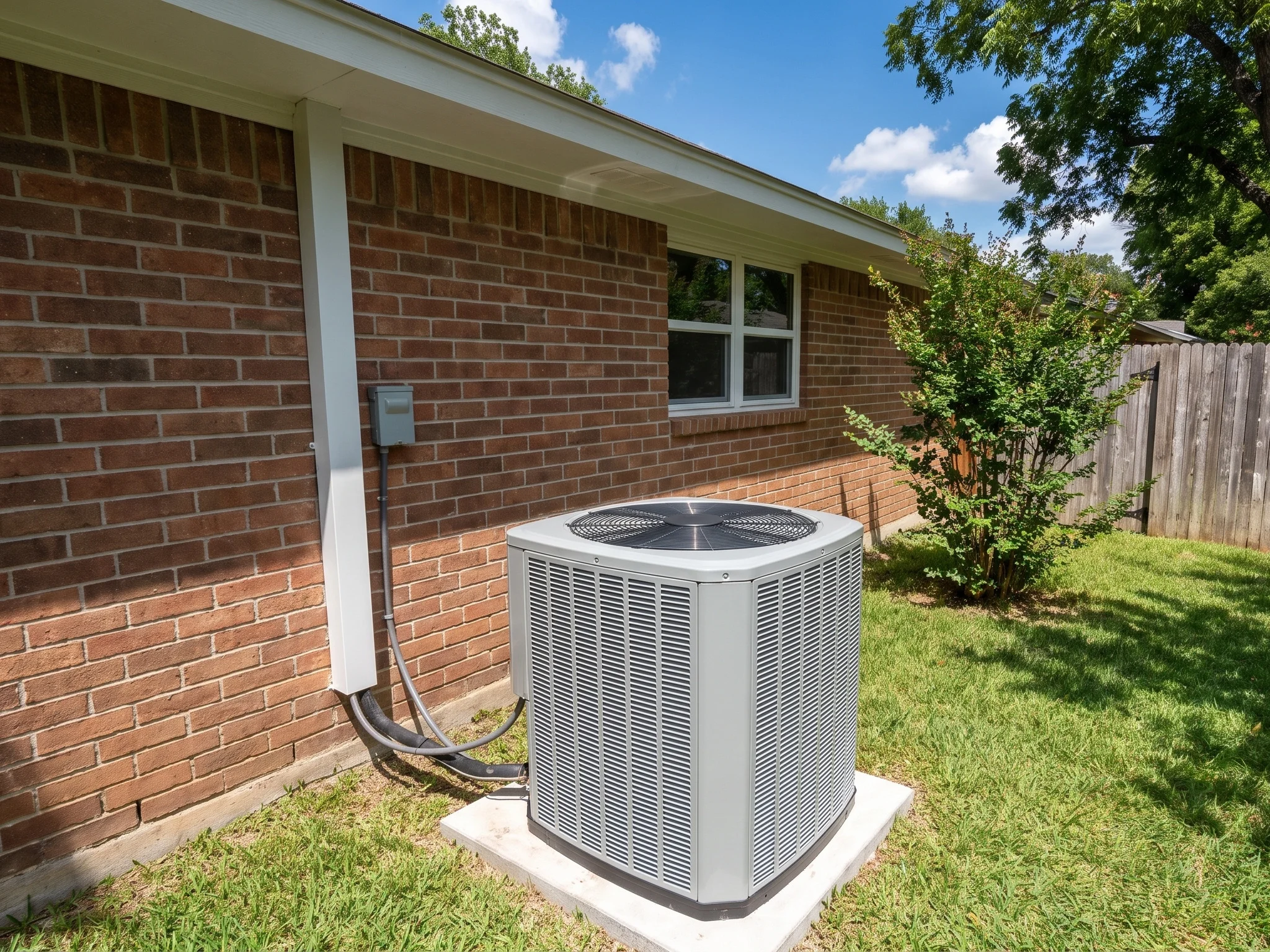 A new outdoor AC condenser on a concrete pad in the backyard of a brick ranch house