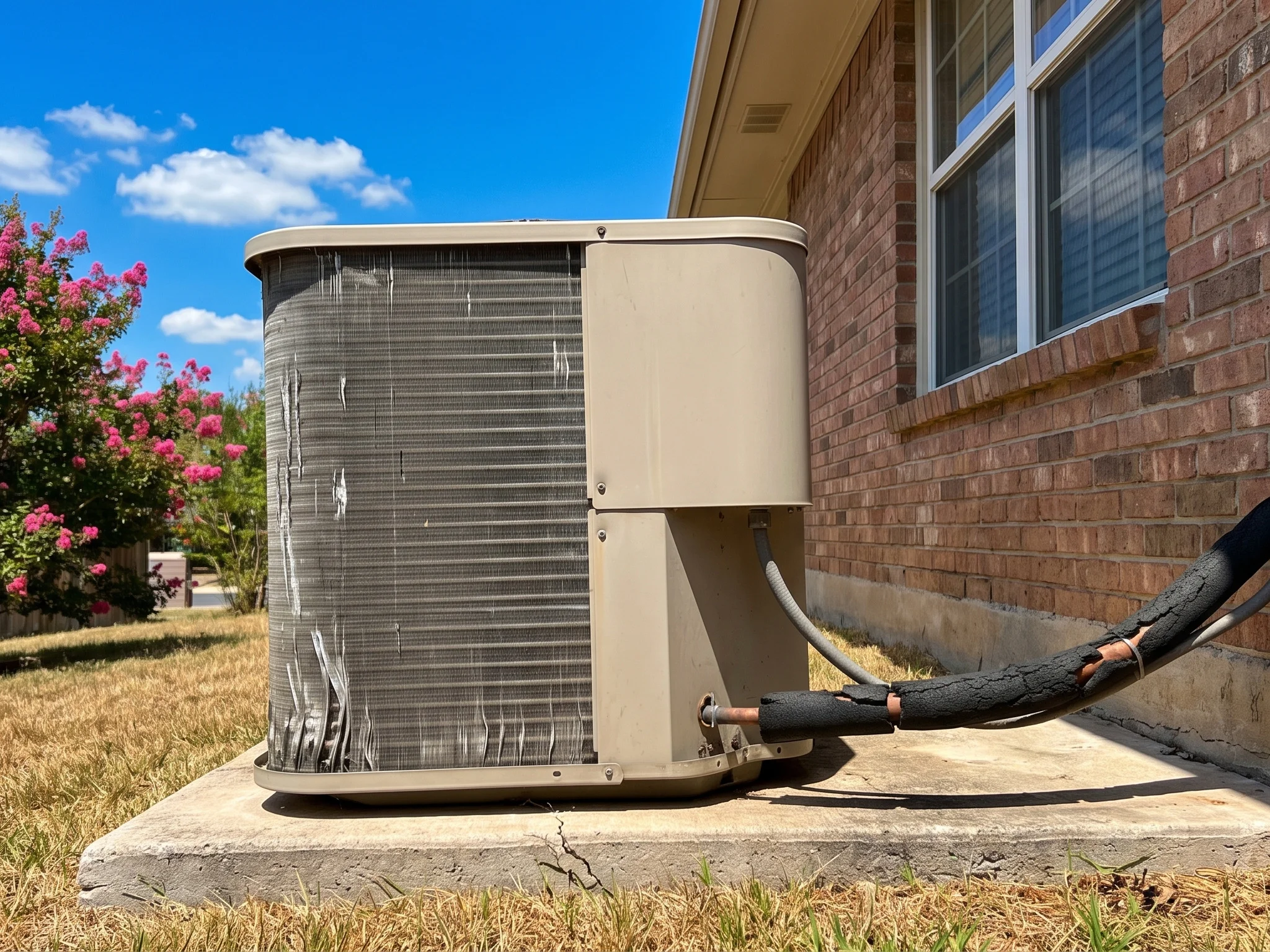 A sun-faded older AC condenser beside a brick ranch house